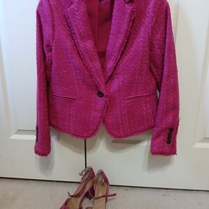 ANN TAYLOR FUSHCIA PINK TWEED NEWBURY JACKET, 0P, EUC